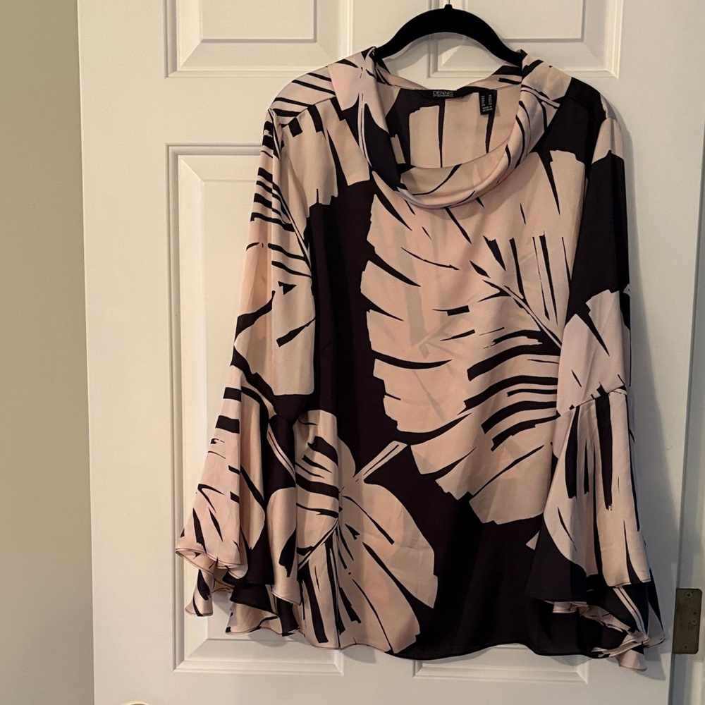 Dennis Basso Black and Pink Leaf Print Blouse